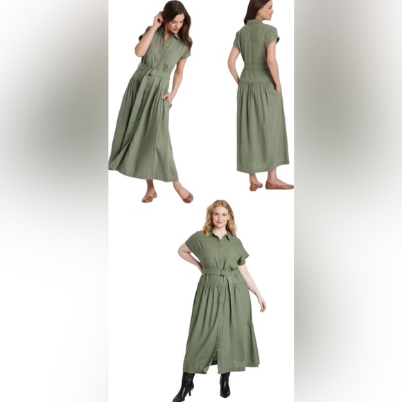 Universal Thread Dresses & Skirts - Universal Thread Green Button-Front MidiShirt Dress w/Belt Women’s Size XL Linen